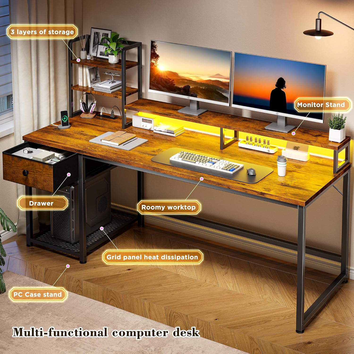 EnHomee 55 Inch Computer Desk with Hutch and Drawers,Reversible Home Office Desk with Monitor Shelf,Gaming Desks with USB Power Outlets,Writing Gaming Table for Office with LED Lights,Rustic Brown