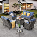 ovios 6 Pieces Patio Furniture Set with 30 inch Fire Pit Table, Outdoor Wicker Sofa Couch Loveseat, Swivel Rocking Glider Chairs, Modern Conversation Set, Grey Rattan, Denim Blue