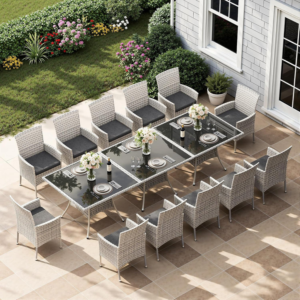 15-Piece Patio Dining Set, Patio Furniture Set with Square Tempered Glass Table & 12 Wicker Chairs, Expandable Design for Larger Groups, Outdoor Furniture for Backyard, Deck, Garden, Dark Grey