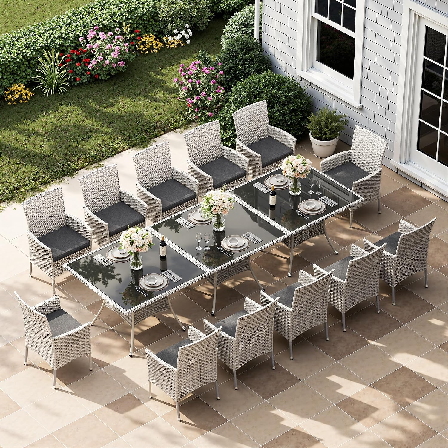 15-Piece Patio Dining Set, Patio Furniture Set with Square Tempered Glass Table & 12 Wicker Chairs, Expandable Design for Larger Groups, Outdoor Furniture for Backyard, Deck, Garden, Dark Grey