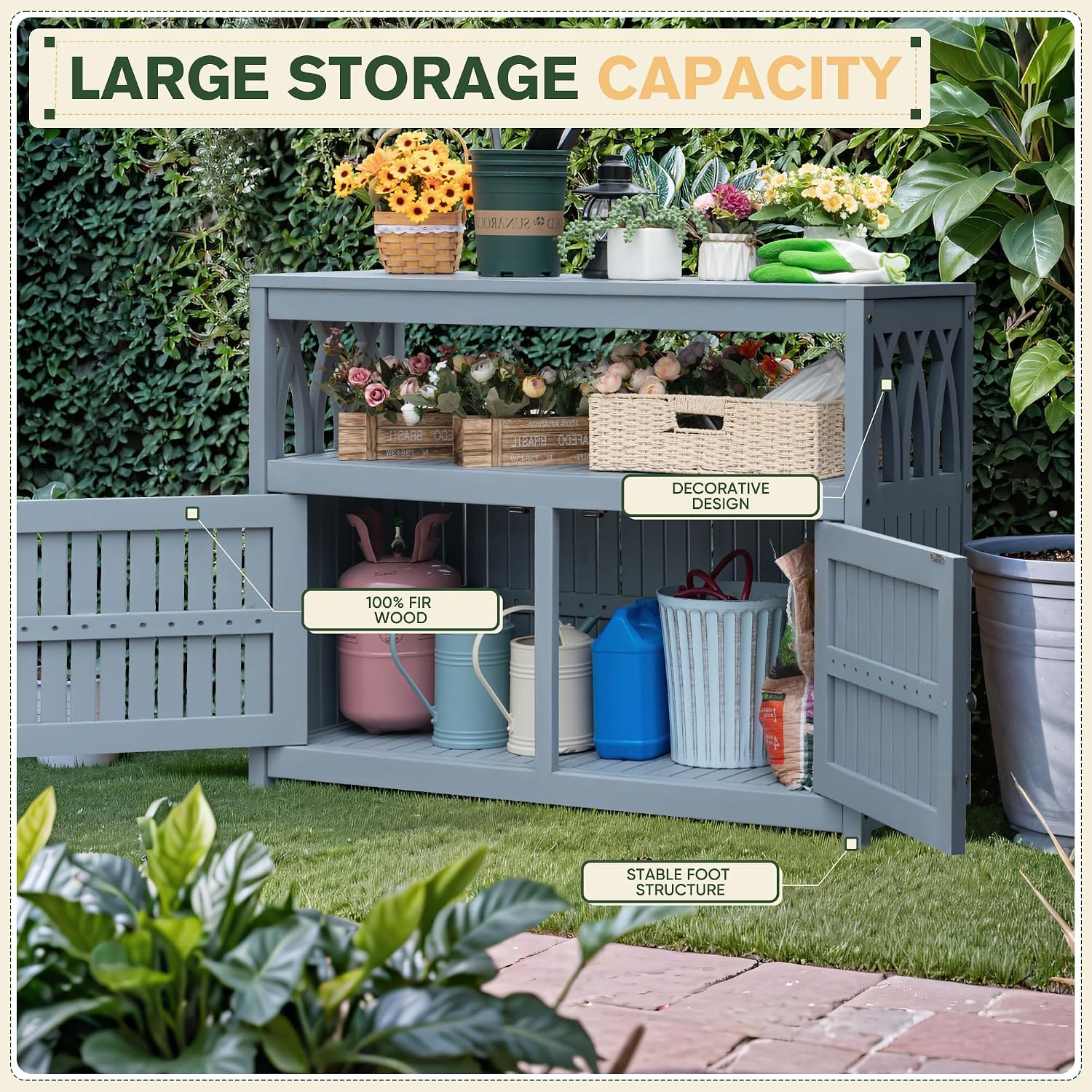 Greesum 2-Tier Outdoor Storage Cabinet in Acacia Wood, with 2 Magnetic Doors, for Garden, Picnic, Buffet, TV Stand, or Bar Table, Grey