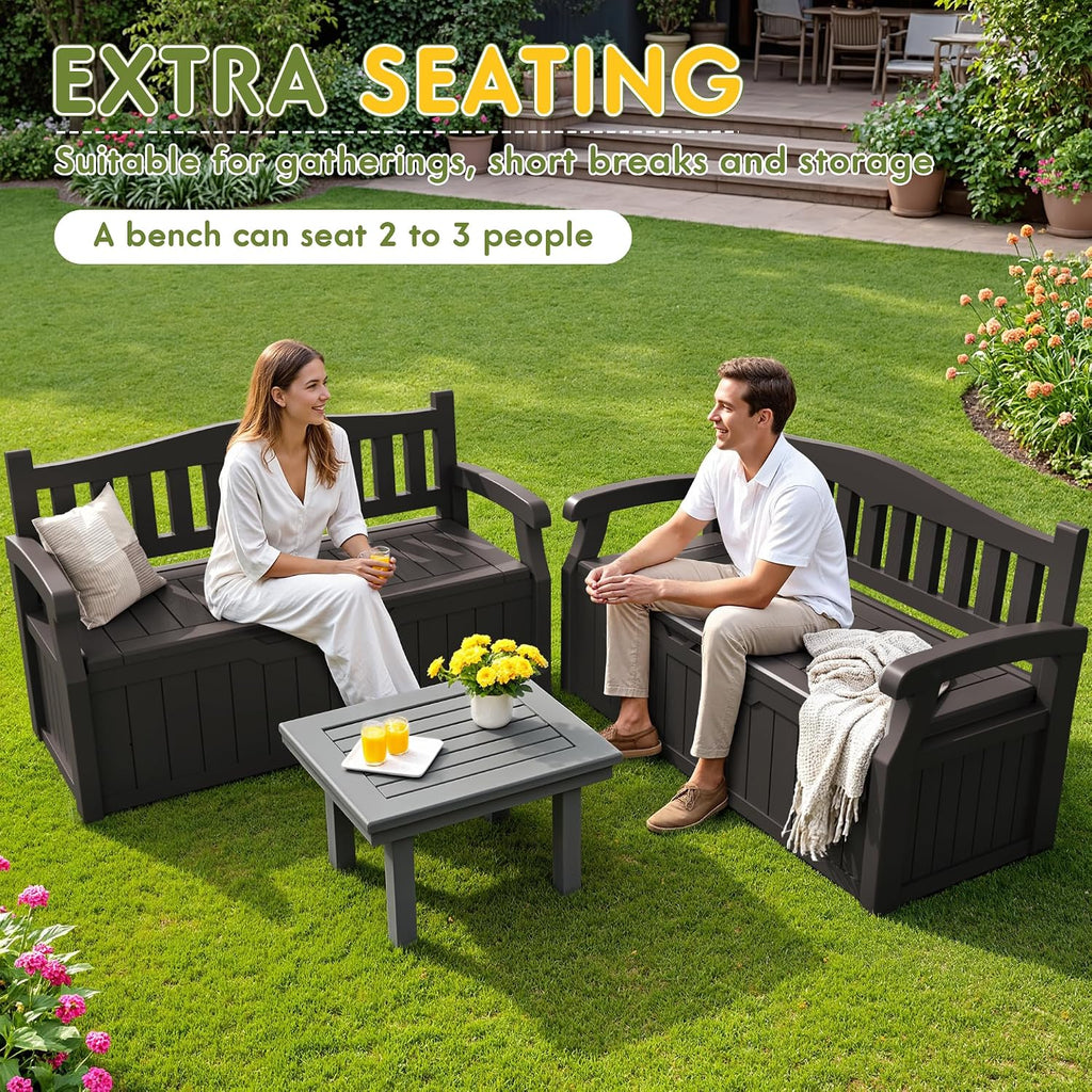 Greesum 80 Gallon Storage Bench Outdoor Deck Box with Armrest, Patio Furniture,Lockable, Waterproof and UV Resistant, Suitable for Garden, Pool, Brown