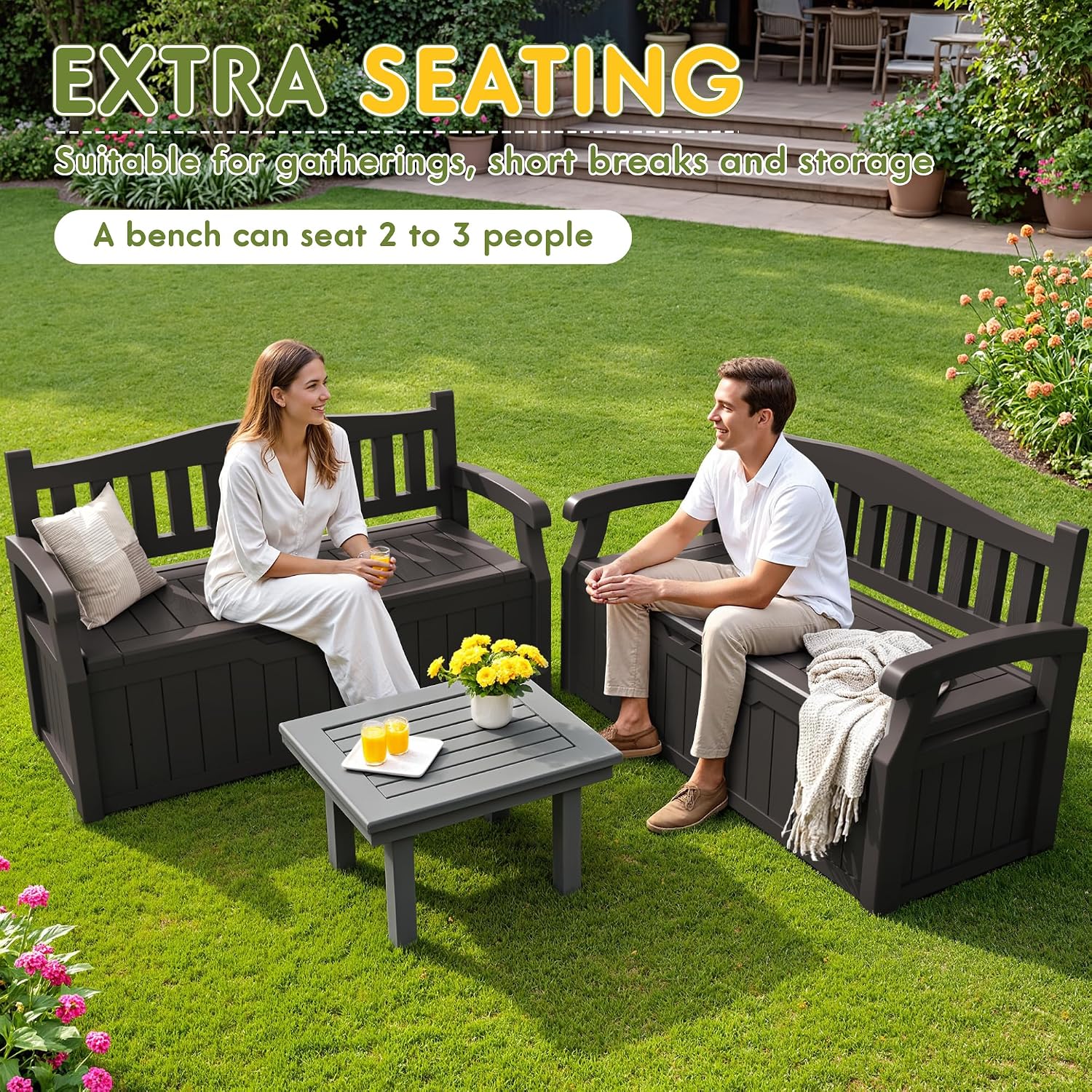 Greesum 80 Gallon Storage Bench Outdoor Deck Box with Armrest, Patio Furniture,Lockable, Waterproof and UV Resistant, Suitable for Garden, Pool, Brown