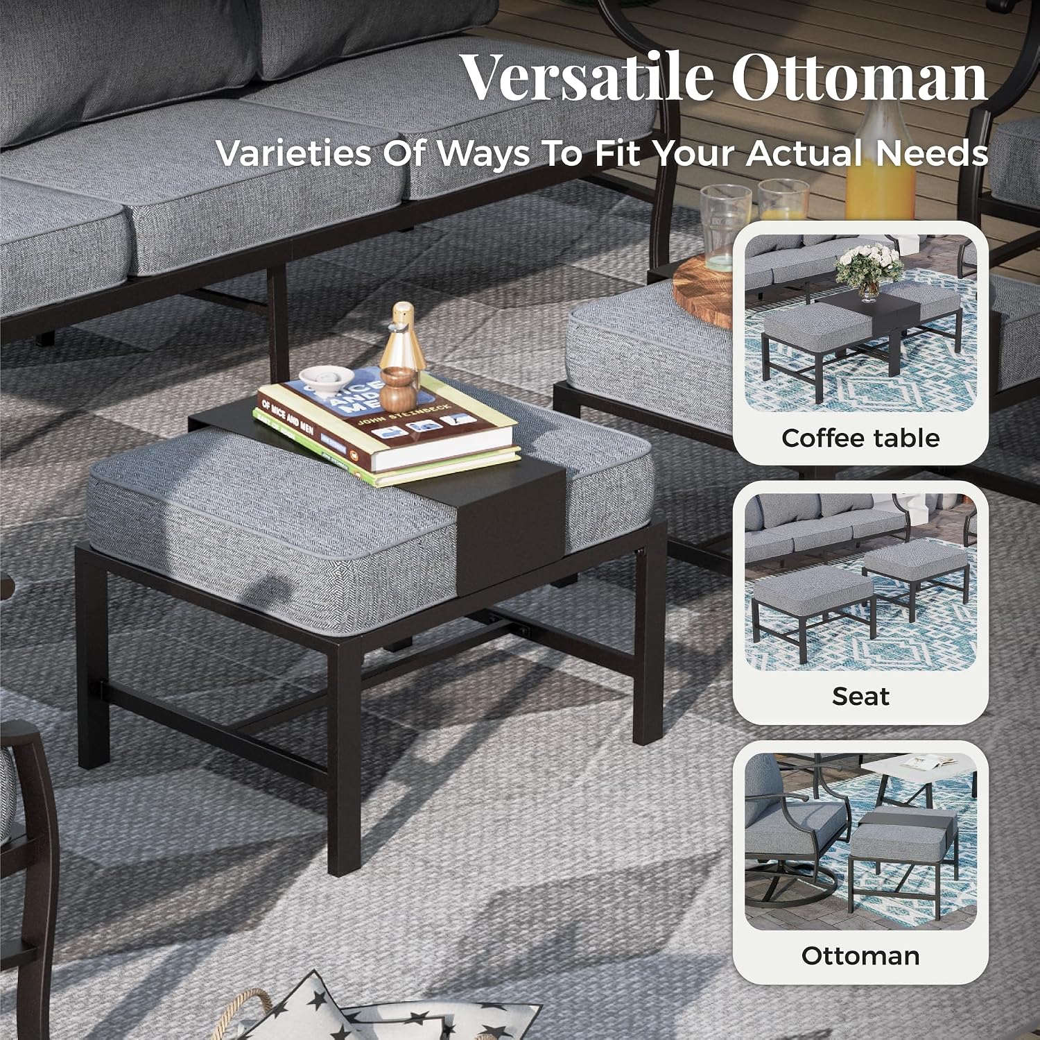 MIXPATIO Patio Furniture Set, 6 Pcs Metal Outdoor Conversation Set, 2 Swivel Chairs, 2 Ottomans and 3 Seater Sofa with 5.75' Extra Thick Cushion and Gas Fire Pit Table, Grey
