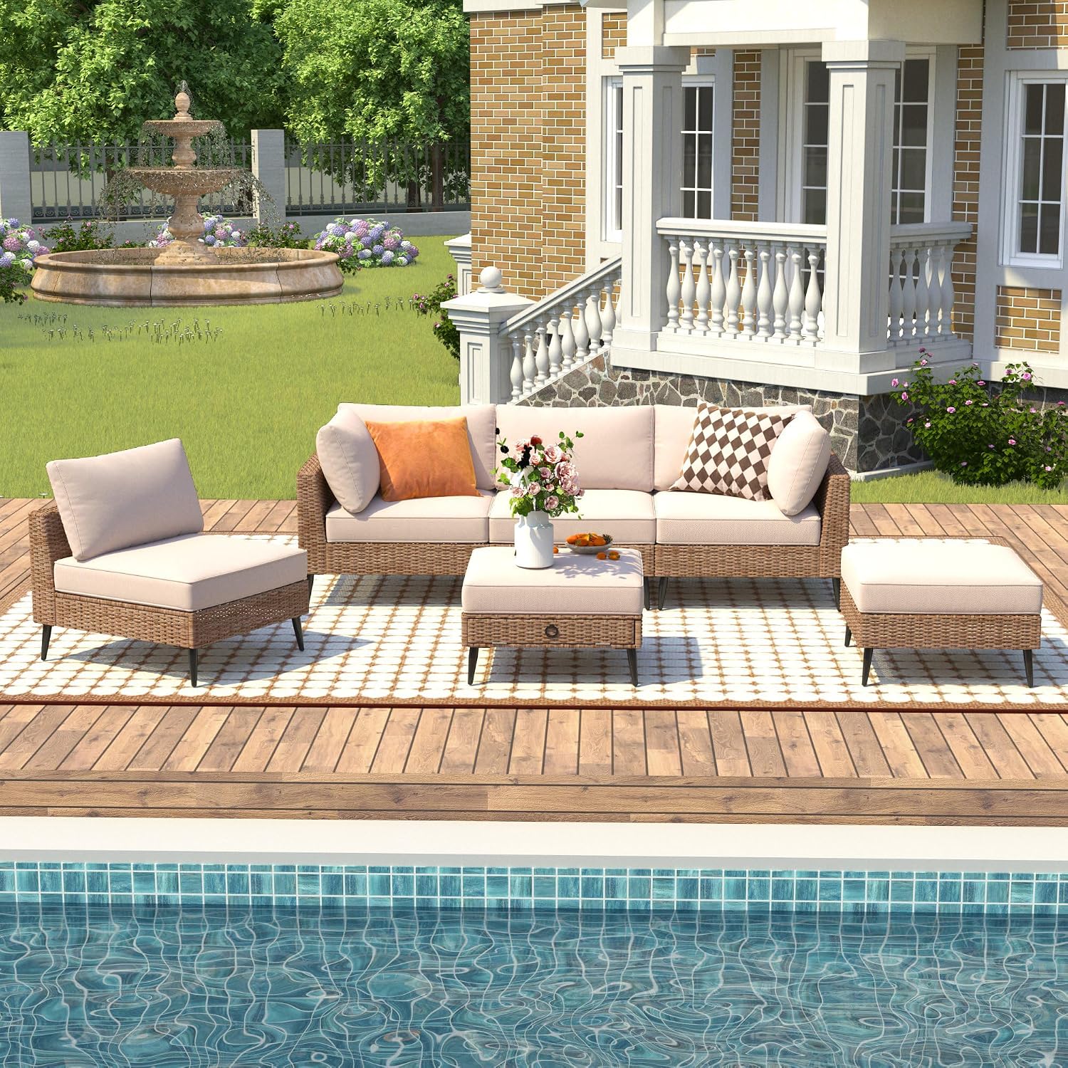 LVUYOYO 6 Pieces Outdoor Patio Furniture Set, Wicker Sectional Sofa Set for All-Weather, Rattan Conversation Sets with Cushions and Storage for Deck, Backyard, Porch (Khaki)