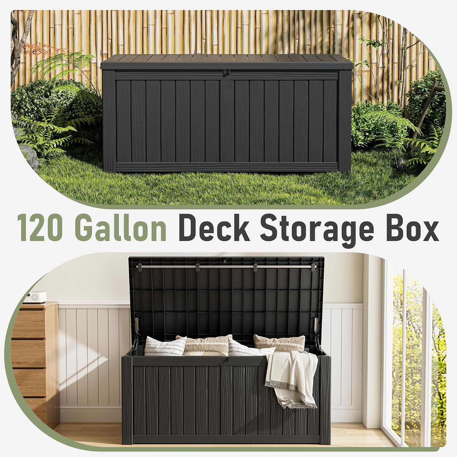 Outdoor Storage Box, 120 Gallon Deck Box, Resin Waterproof Outside Storage Bench, Outdoor Storage Cabinet With Lockable Lid, Backyard Deck Box For Garden Tools, Patio Cushions, Pool Accessories