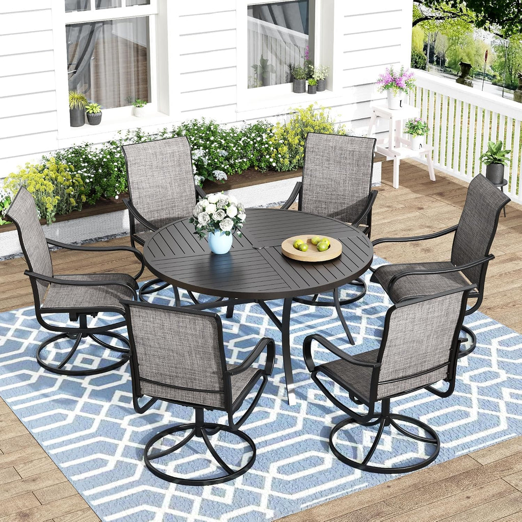 MFSTUDIO Patio Dining Set for 6, Round Patio Table and Chairs Set of 6 with Umbrella Hole, Outdoor Patio Furniture Set for Deck, Backyard, Poolside & Garden