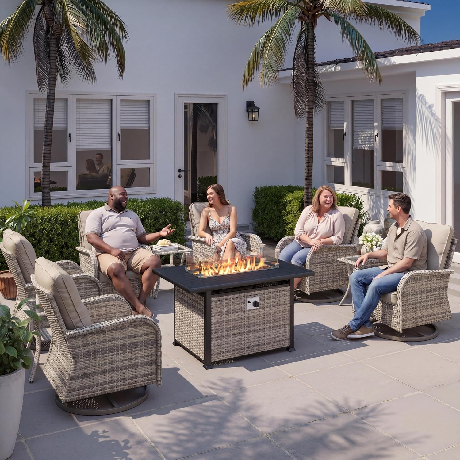 10Pcs Patio Rocking Swivel Chair with 55,000 BTU Fire Pit Table Outdoor Wicker Rattan Bistro Set with Tempered Glass Side Table, Outdoor Patio Furniture Set for Garden and Balcony, Beige