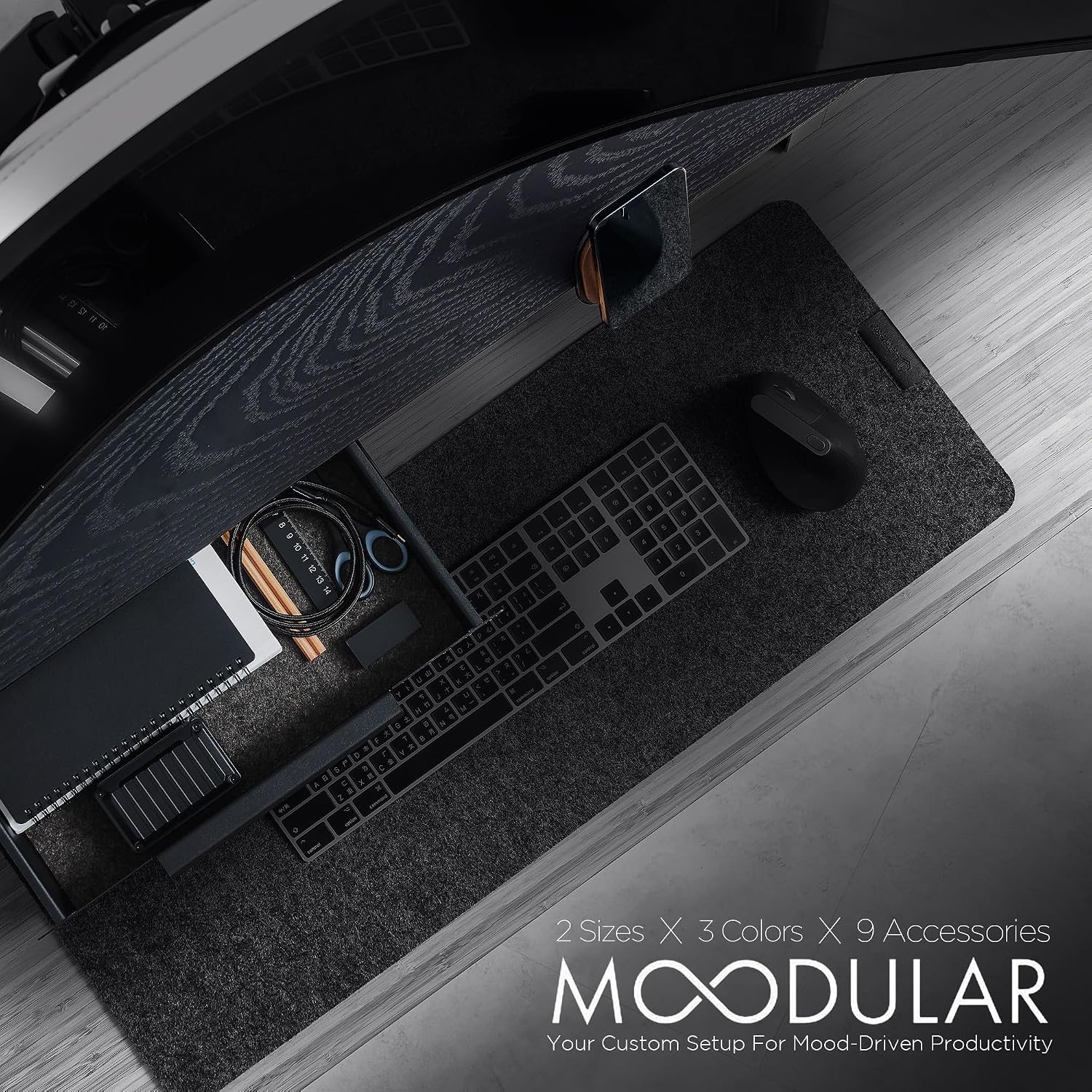 ULTRARM Moodular Wooden Monitor Stand 45.6' (116cm) Large Desk Organizer with Metal Slide Rails for Drawer, Tray, Laptop, Tablet, Phone & Headphones Customizable Riser for Organized Workspace Black