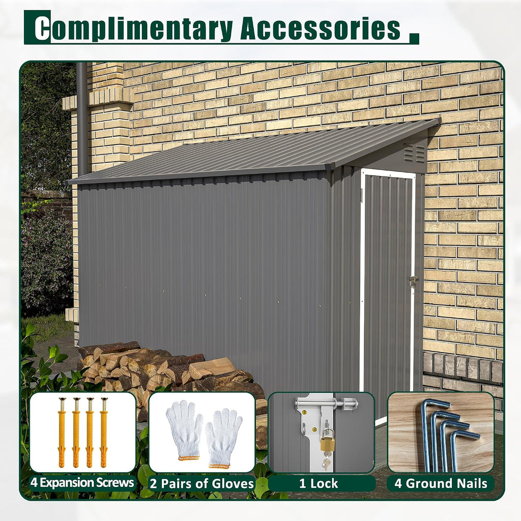 YOPTO 4x8 FT Lean to Metal Shed,Outdoor Storage Shed W/Floor Frame & Reversible Installation,All Weather Waterproof Garden Tool House W/Lockable Door & 2 Air Vents,for Backyard,Patio,Lawn,Gray