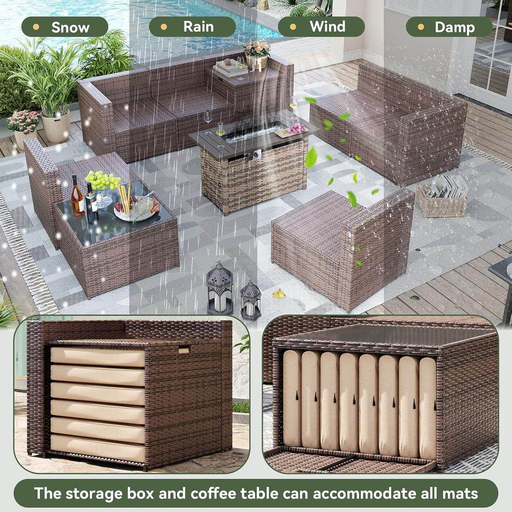 Aoxun 9 Piece Patio Furniture Set with 44' Fire Pit Table, Wicker Outdoor Furniture Set with Storage Box, Patio Sectional Set with Cushions and Waterproof Cover (Brown & Khaki)