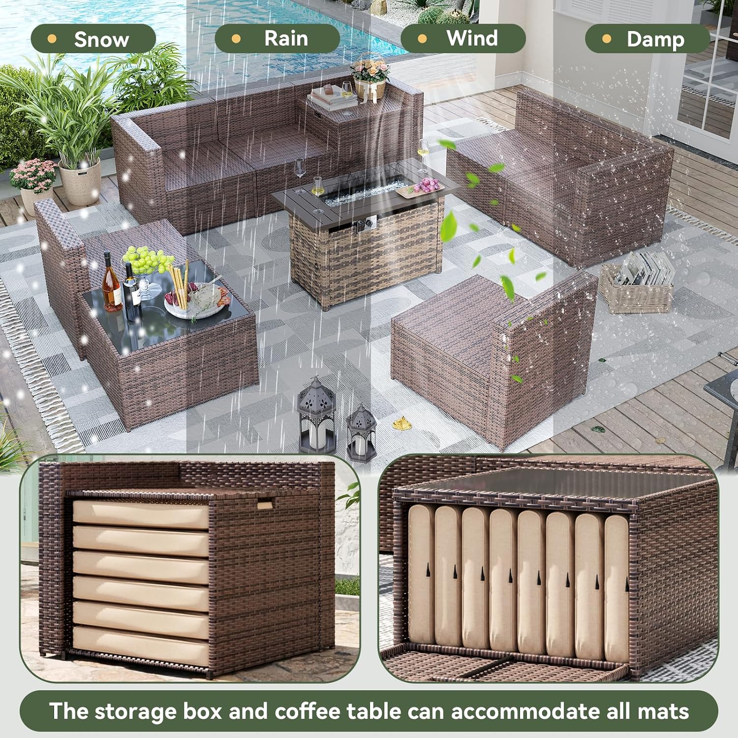 Aoxun 9 Piece Patio Furniture Set with 44' Fire Pit Table, Wicker Outdoor Furniture Set with Storage Box, Patio Sectional Set with Cushions and Waterproof Cover (Brown & Khaki)