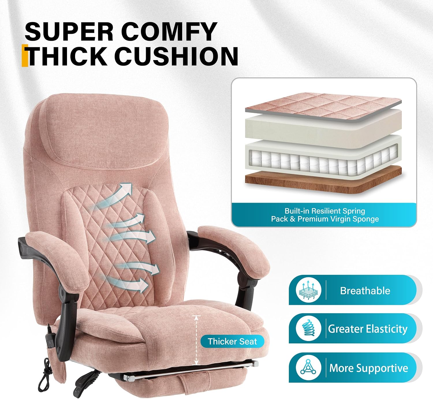 6-Point Massage Office Chair with Heated, Ergonomic Office Chair with Footrest & 45°Reclining High Back, Big and Tall Executive Office Chair 500LBS, Thick Cushion Desk Chair for Home Office, Pink