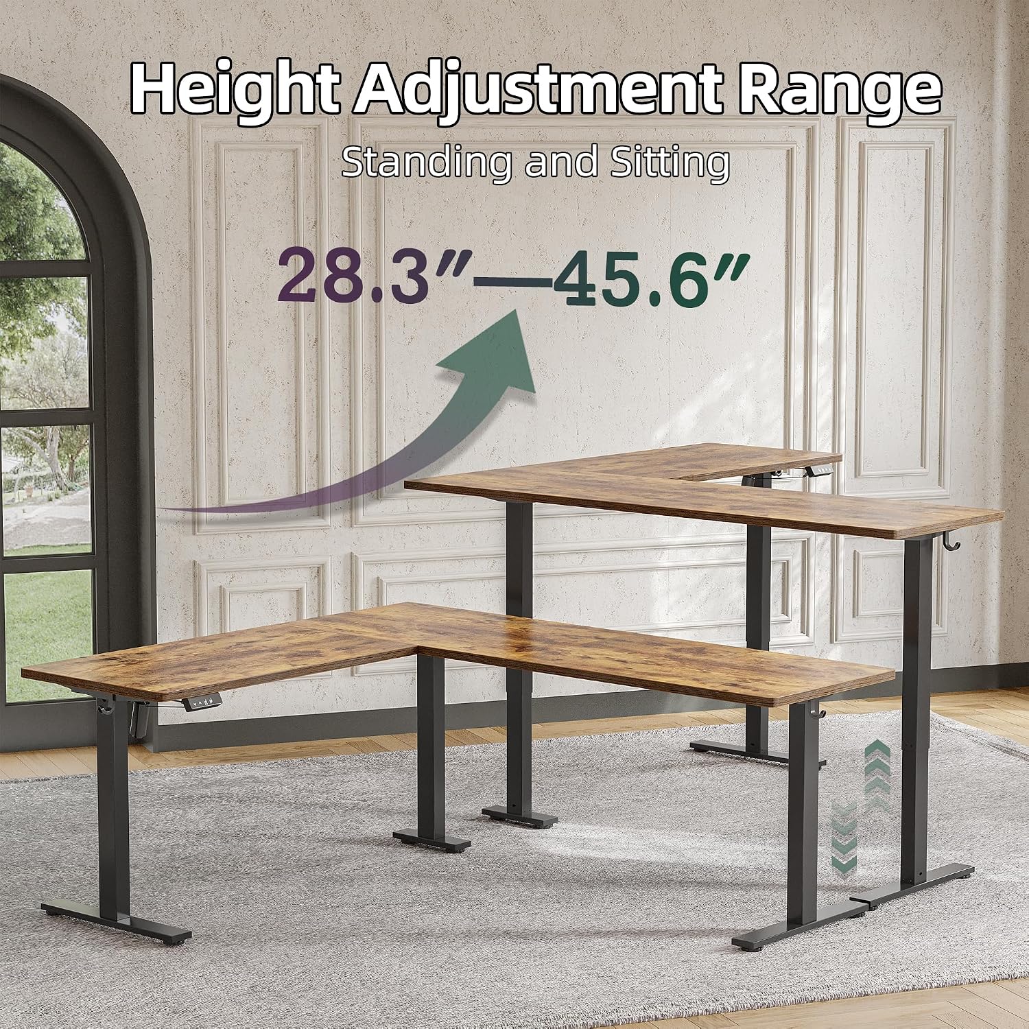 TIQLAB 75 x 61 inch L Shaped Standing Desk Adjustable Height, Electric Corner Standing Desk, Sit Stand Computer Table with Splice Board, Rustic Brown