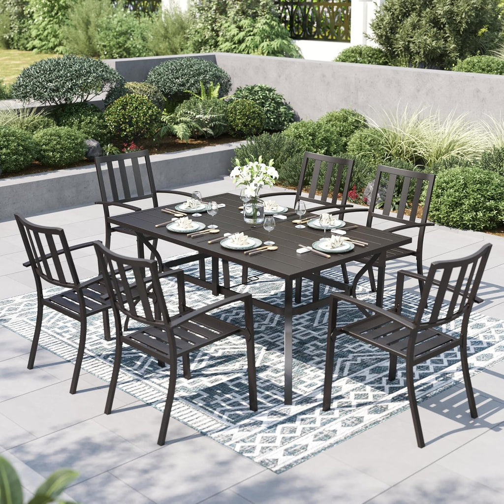 PHI VILLA 7 Piece Outdoor Dining Set for 6, 60' Rectangular Metal Steel Dining Table with Umbrella Hole & Stackable Dining Chairs for Patio, Deck, Yard, Garden