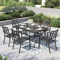 PHI VILLA 7 Piece Outdoor Dining Set for 6, 60' Rectangular Metal Steel Dining Table with Umbrella Hole & Stackable Dining Chairs for Patio, Deck, Yard, Garden