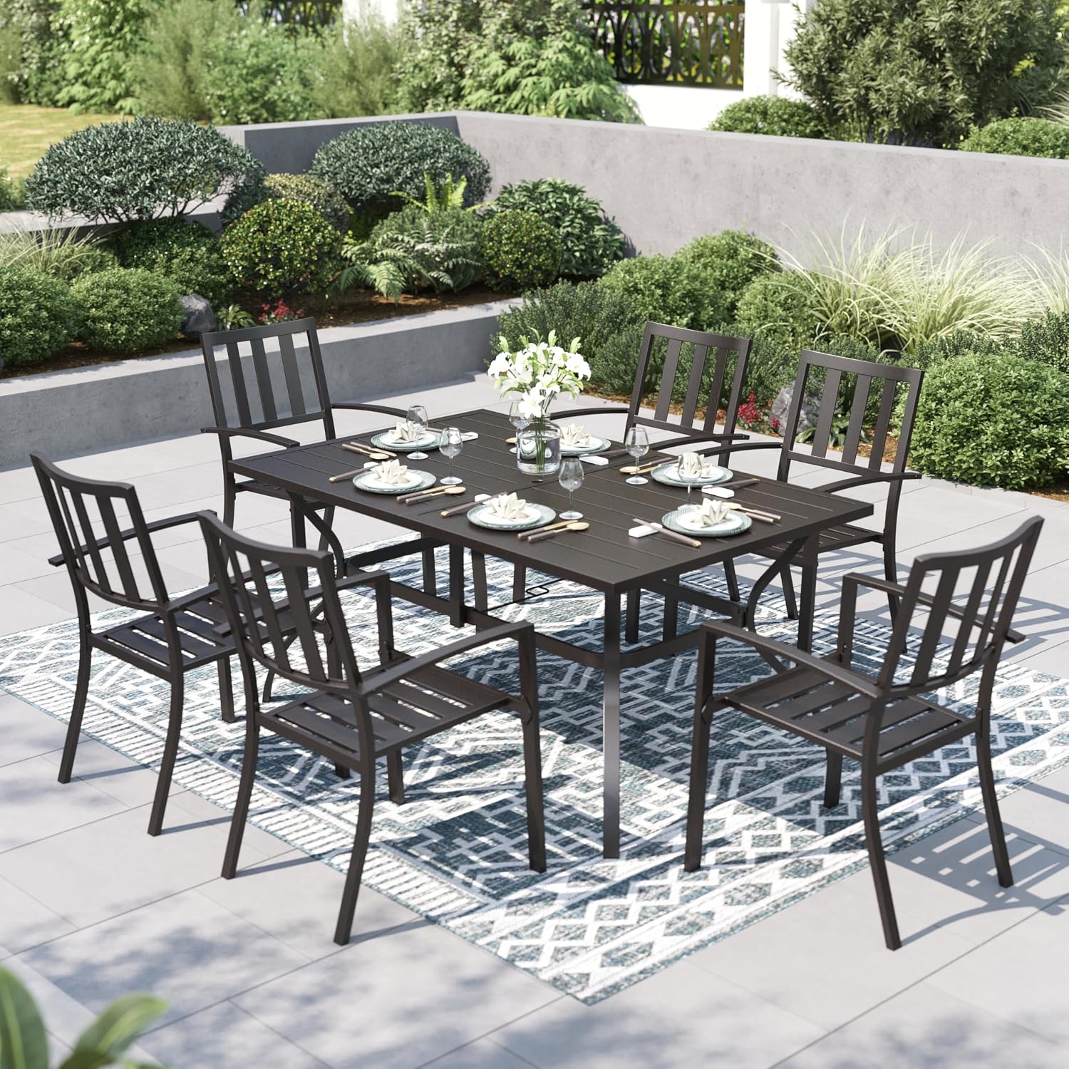 PHI VILLA 7 Piece Outdoor Dining Set for 6, 60' Rectangular Metal Steel Dining Table with Umbrella Hole & Stackable Dining Chairs for Patio, Deck, Yard, Garden
