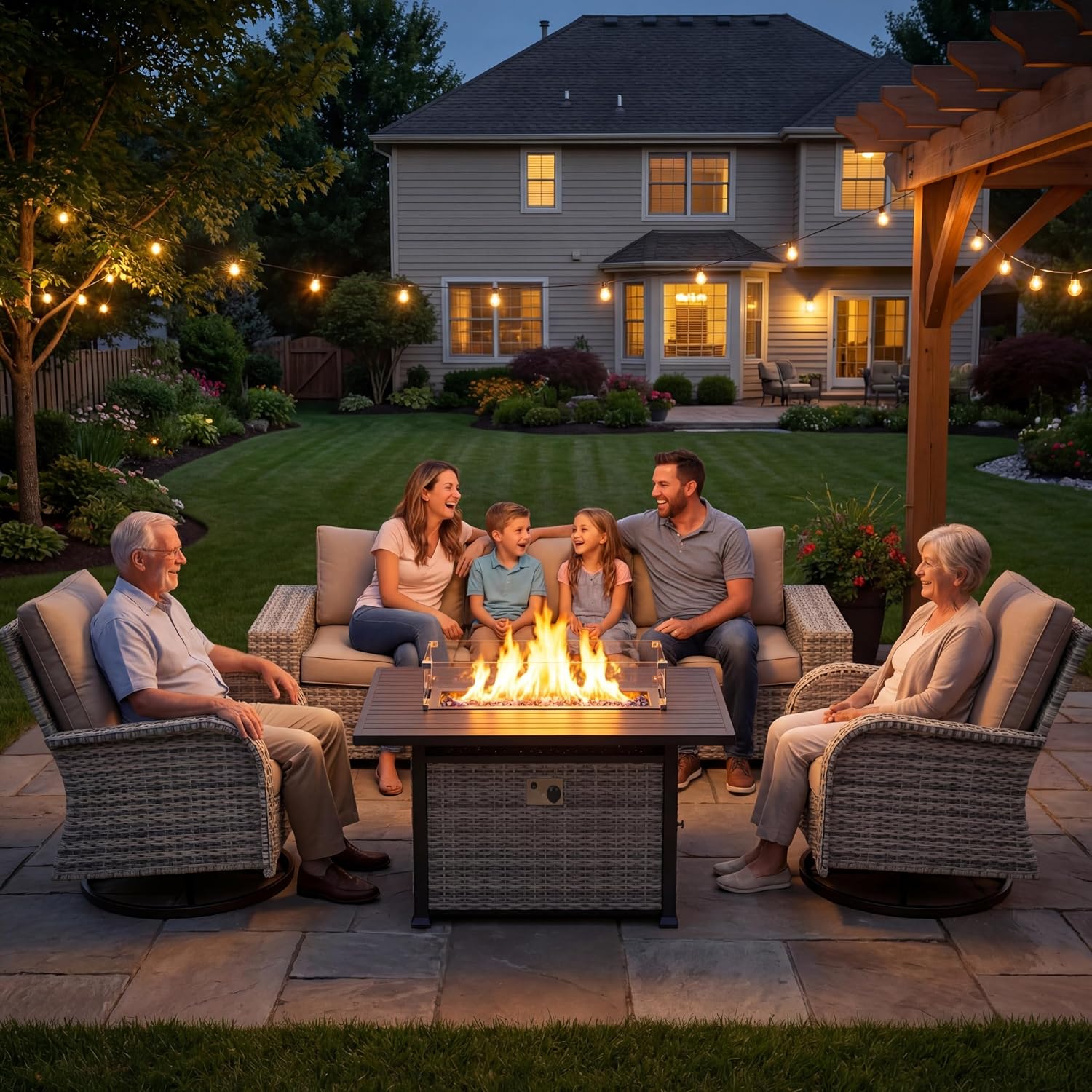 13-Piece Outdoor Patio Furniture Set with 55,000 BTU Fire Pit Table, PE Wicker Rattan Sectional Sofa Patio Conversation Set with Coffee Table, Dark Grey