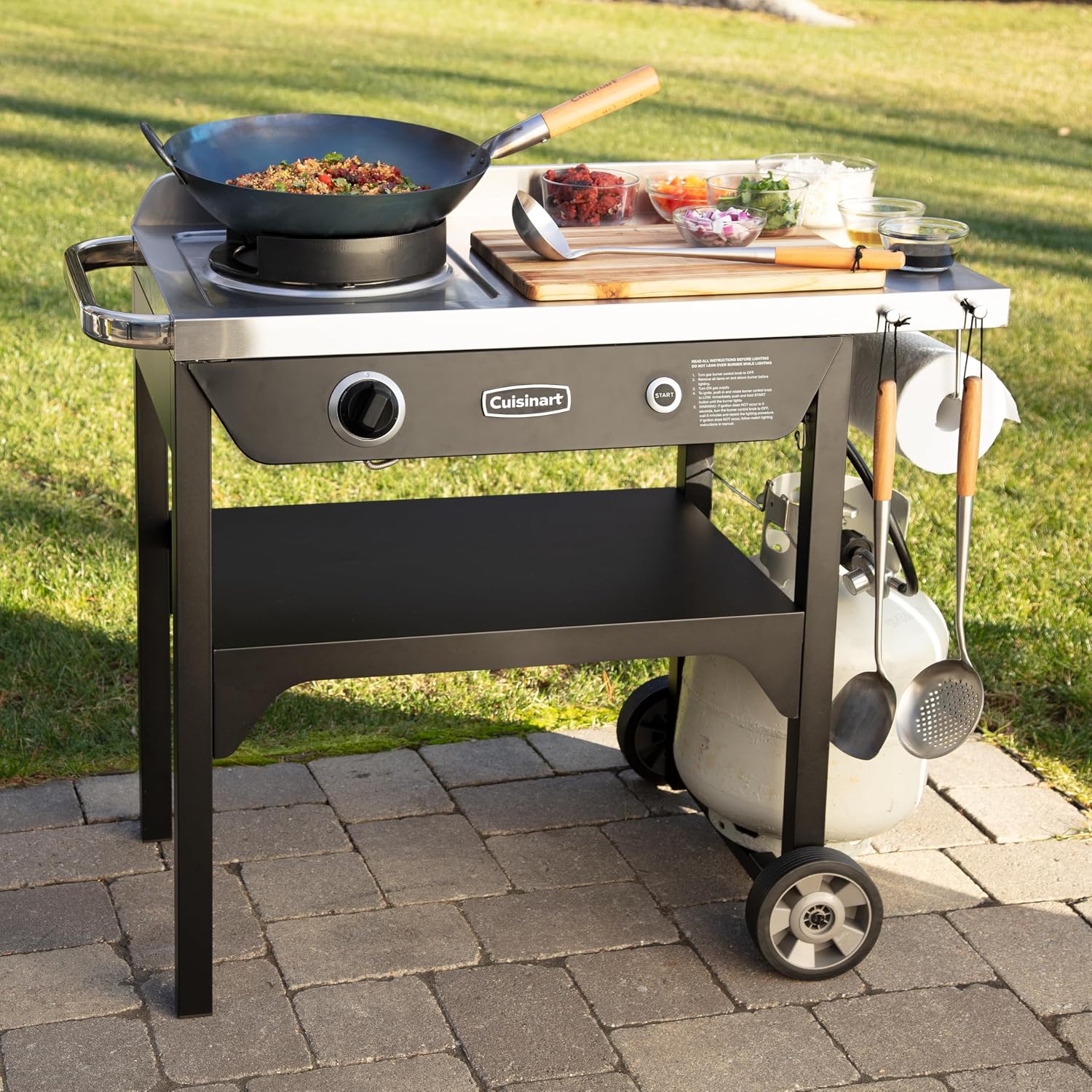 Cuisinart Outdoor Wok Station, 50,000 BTU Propane Outdoor Wok Burner with Prep Table, 14' Carbon Steel Fry Pan, Stainless Steel Side Table, Storage, Outdoor Cooking Station for Stir Fry, Searing, BBQ