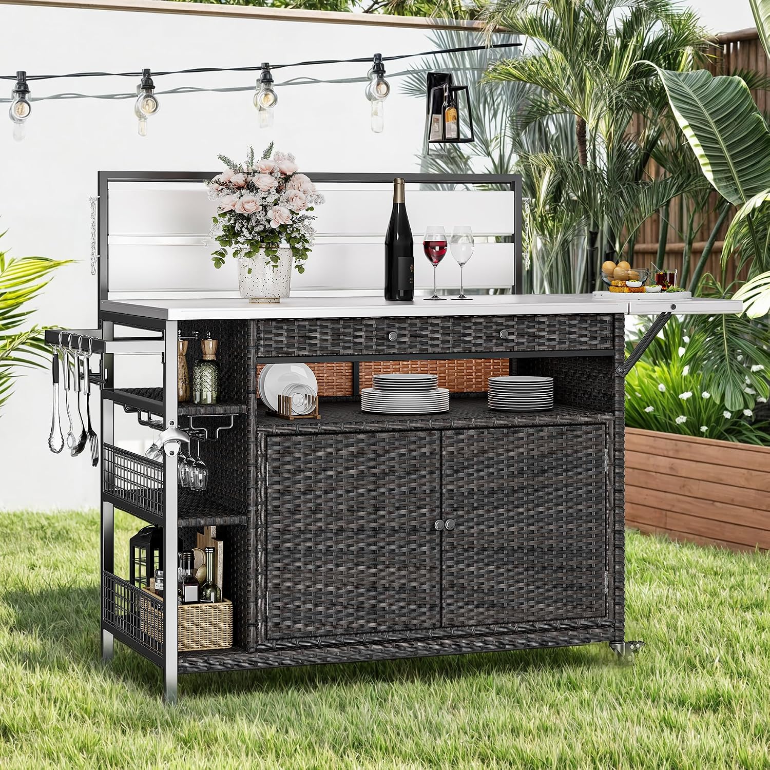 DWVO XL Outdoor Bar Table & Storage Cabinet, Wheels and Stainless Steel Extended Table Top, Patio Bar Table with Side Handle for Patio Kitchen or Bar Cart, Dark Brown