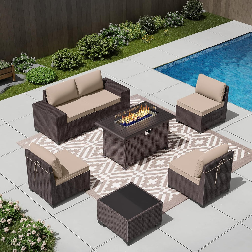 7 PCS Outdoor Patio Furniture Set,Outdoor Sectional Furniture with 43' 55000 BTU Gas Propane Fire Pit Table,All Weather PE Rattan Wicker Patio Conversation Set,Sand