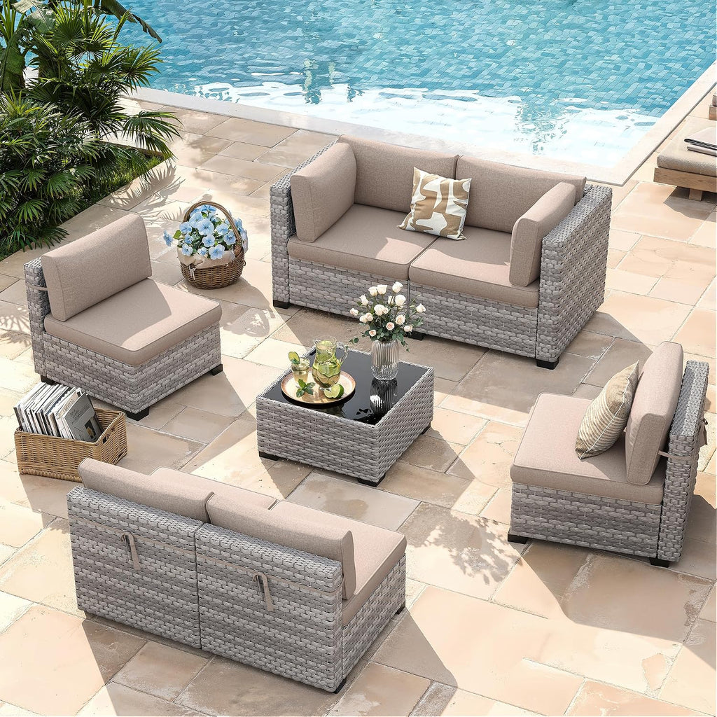 6-Seat Modular Patio Furniture Set – Outdoor Wicker Sectional Sofa with Thick 4″ Cushions, Dual-Strand PE Rattan, Rust-Resistant 18 mm Steel Frame, Backyard Garden Deck Lounge,Beige