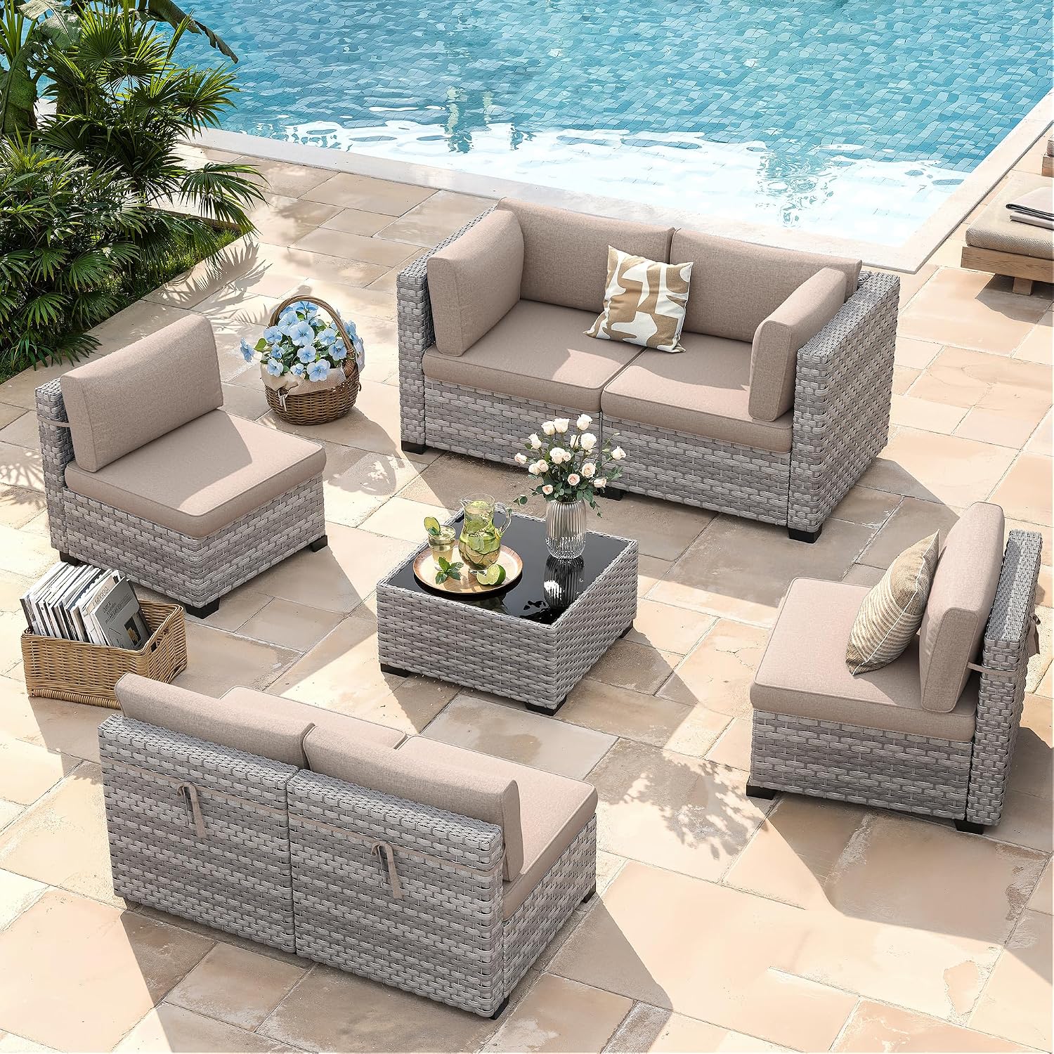 6-Seat Modular Patio Furniture Set – Outdoor Wicker Sectional Sofa with Thick 4″ Cushions, Dual-Strand PE Rattan, Rust-Resistant 18 mm Steel Frame, Backyard Garden Deck Lounge,Beige