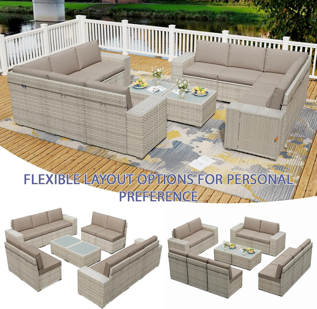 12 Piece Patio Furniture Set, 9.8' Wide Arm Sectional Sofa with Storage Armrests, All-Weather Rattan Outdoor Conversation Set for Garden, Porch, Lawn, Backyard, Balcony, Khaki