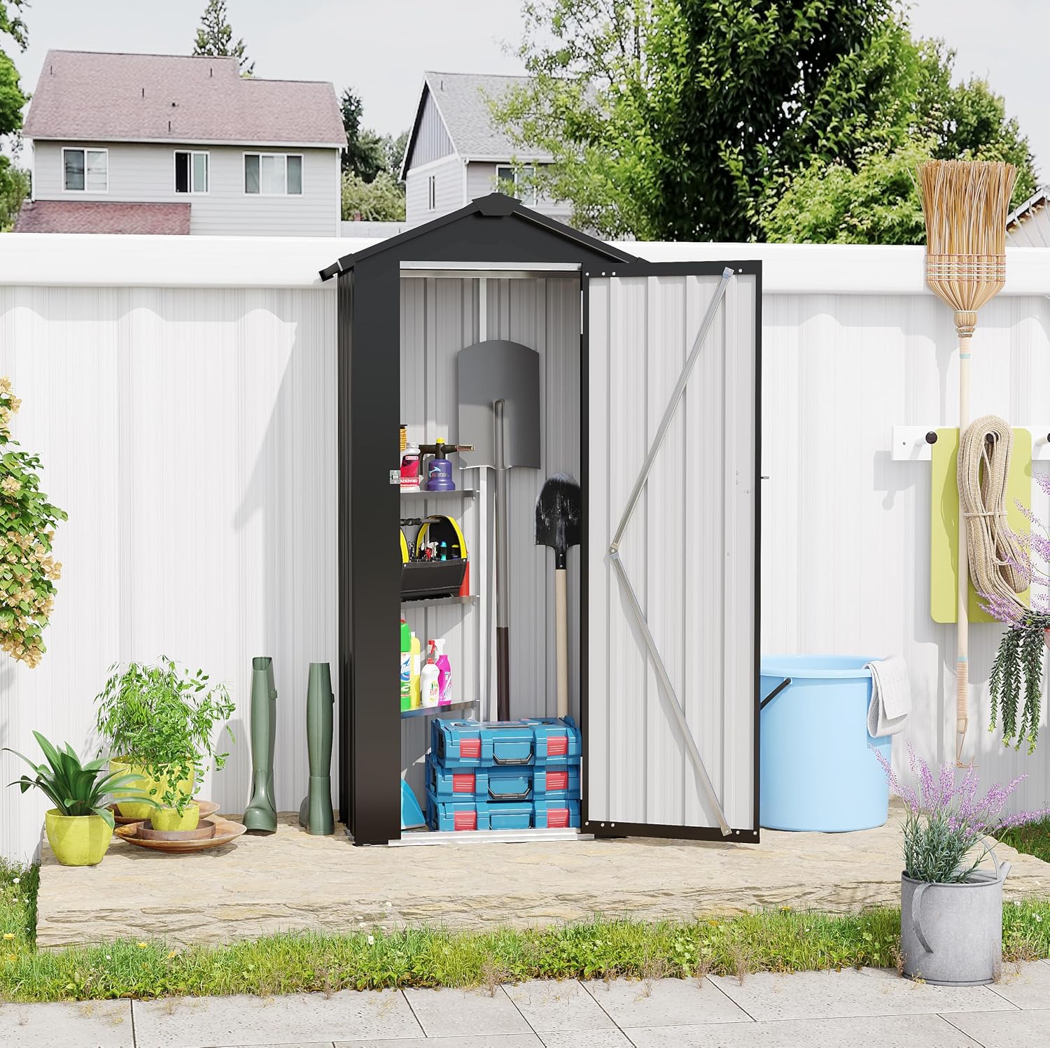 Outdoor Metal Storage Shed, Waterproof Garden Tool Shed with Lock, Galvanized Steel Utility Cabinet, Weather-Resistant Storage Locker for Backyard, Patio, Garage Tools Organization (Dark Gray)