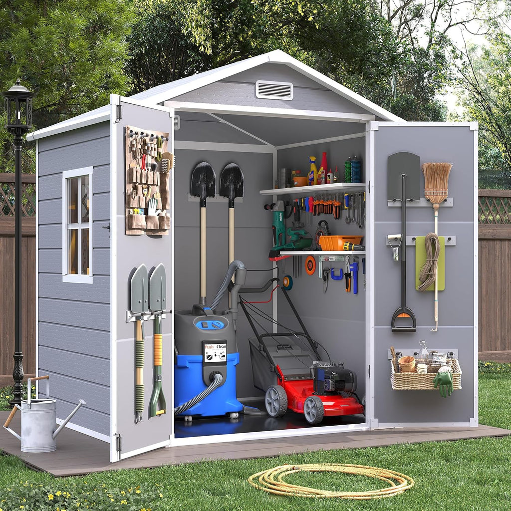 Outdoor Storage Sheds with Floor, 6x4.5 FT Resin Garden Shed with Lockable Door, Window, Waterproof, Plastic Tool Storage for Bike, Garbage Can, Grey White