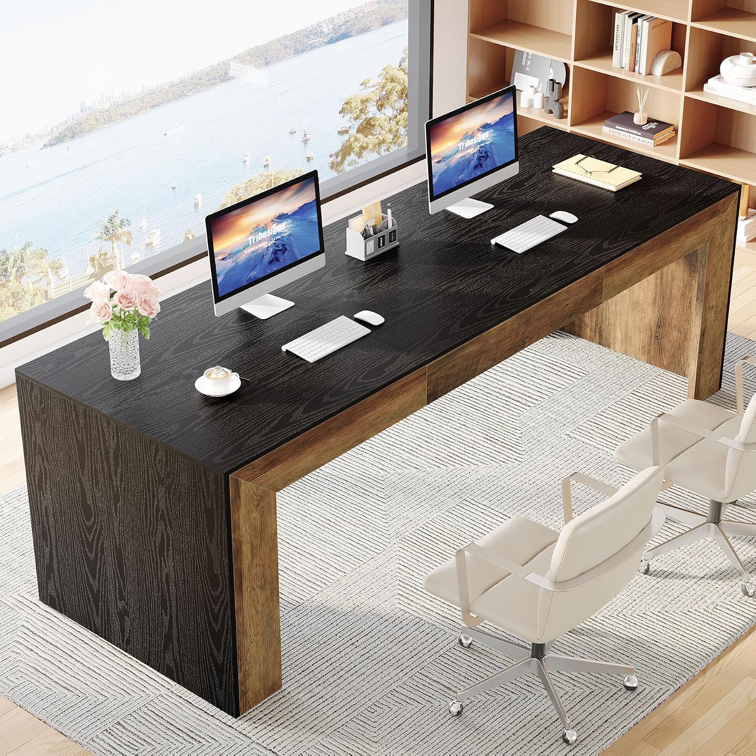 Tribesigns 78.7-Inch Long Computer Desk for 2 People, Farmhouse Executive Desk with Wooden Desktop and Legs, Large Workstations Writing Table Gaming Table for Home Office, Heavy Duty, Black + Brown