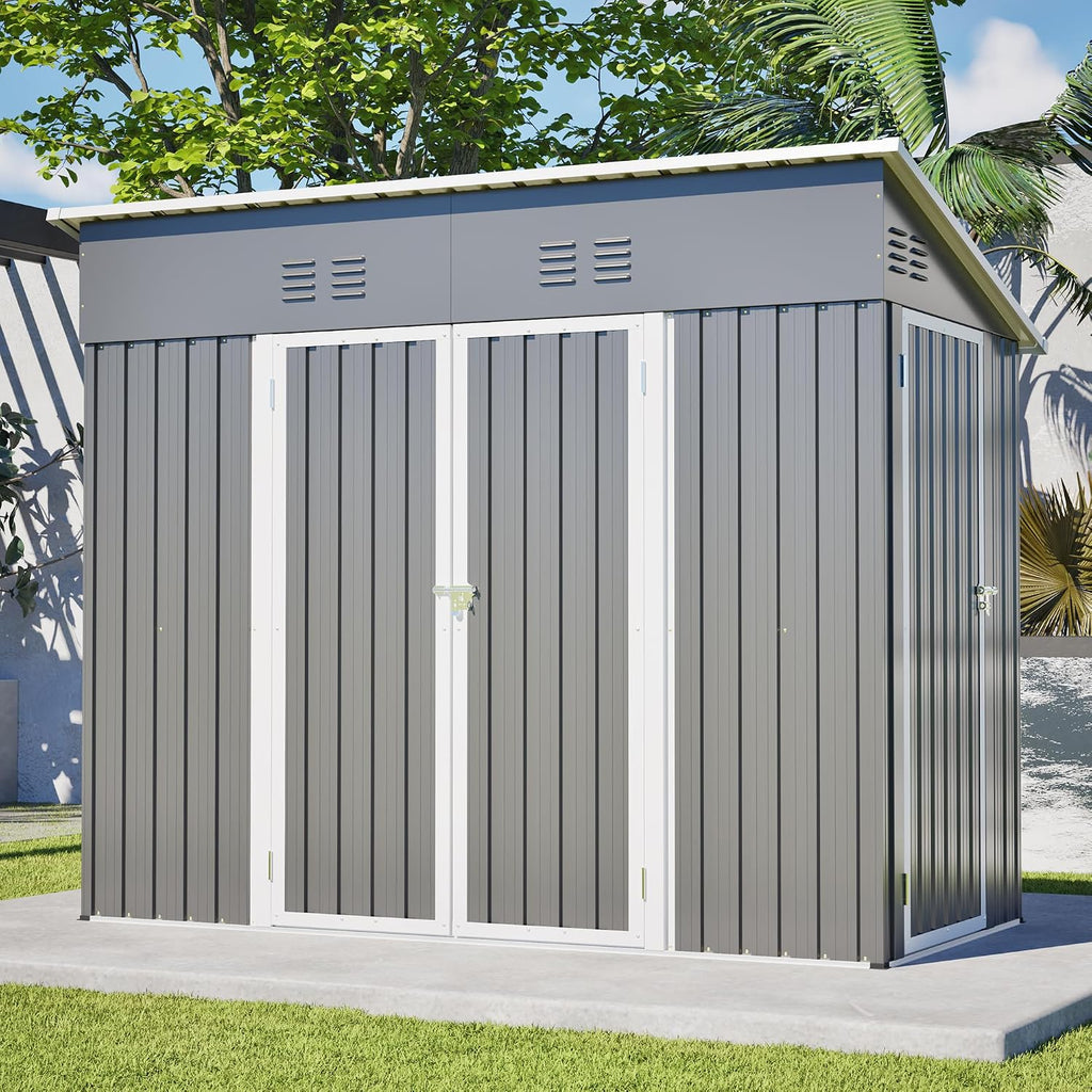 YOPTO 4x8 FT Outdoor Storage Shed with Floor Frame,Metal Shed W/Left/Right Optional Lockable Door,Heavy-Duty Garden Tool Storage House W/ 4 Air Vents & Sloping Roof,for Backyard,Patio,Lawn,Gray