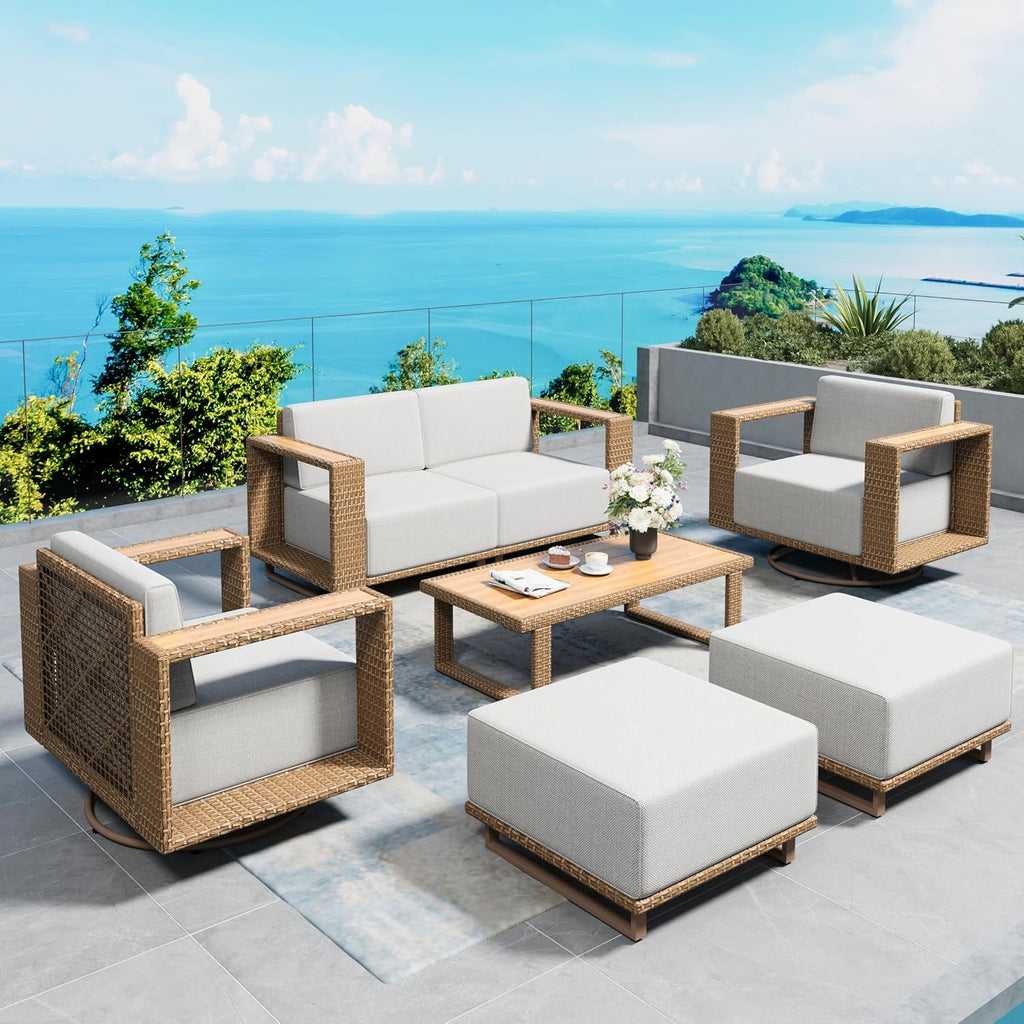 SUNSHINE VALLEY 6 Pieces Patio Furniture Set, Outdoor Wicker Conversation Set with Swivel Chairs and Ottomans, Modular Patio Conversation Set, Low Profile Lawn Garden Backyard Furniture
