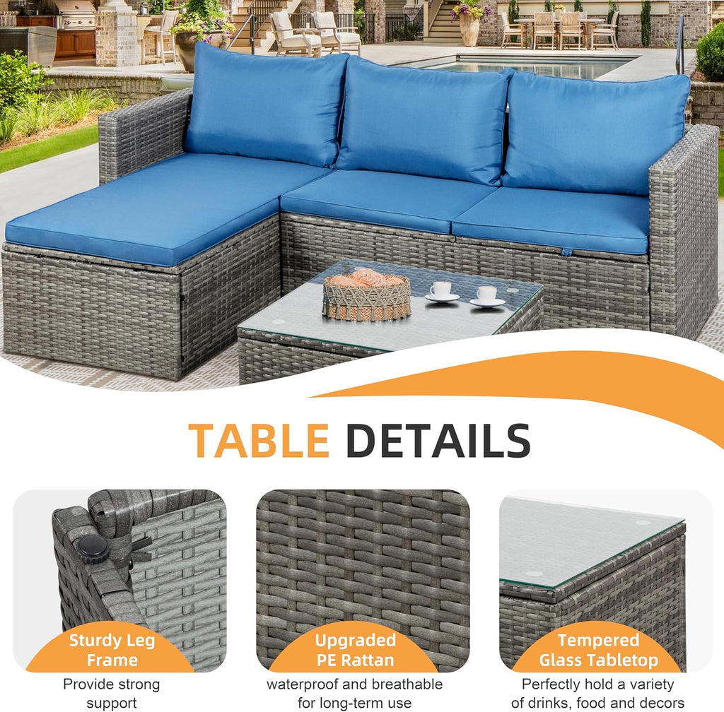 Shintenchi Outdoor Patio Furniture Sets, Small Outdoor Sofa Patio Sectional Sets 3-Piece All Weather Wicker Rattan Seating Sofas with Glass Coffee Table and Cushion (Blue)