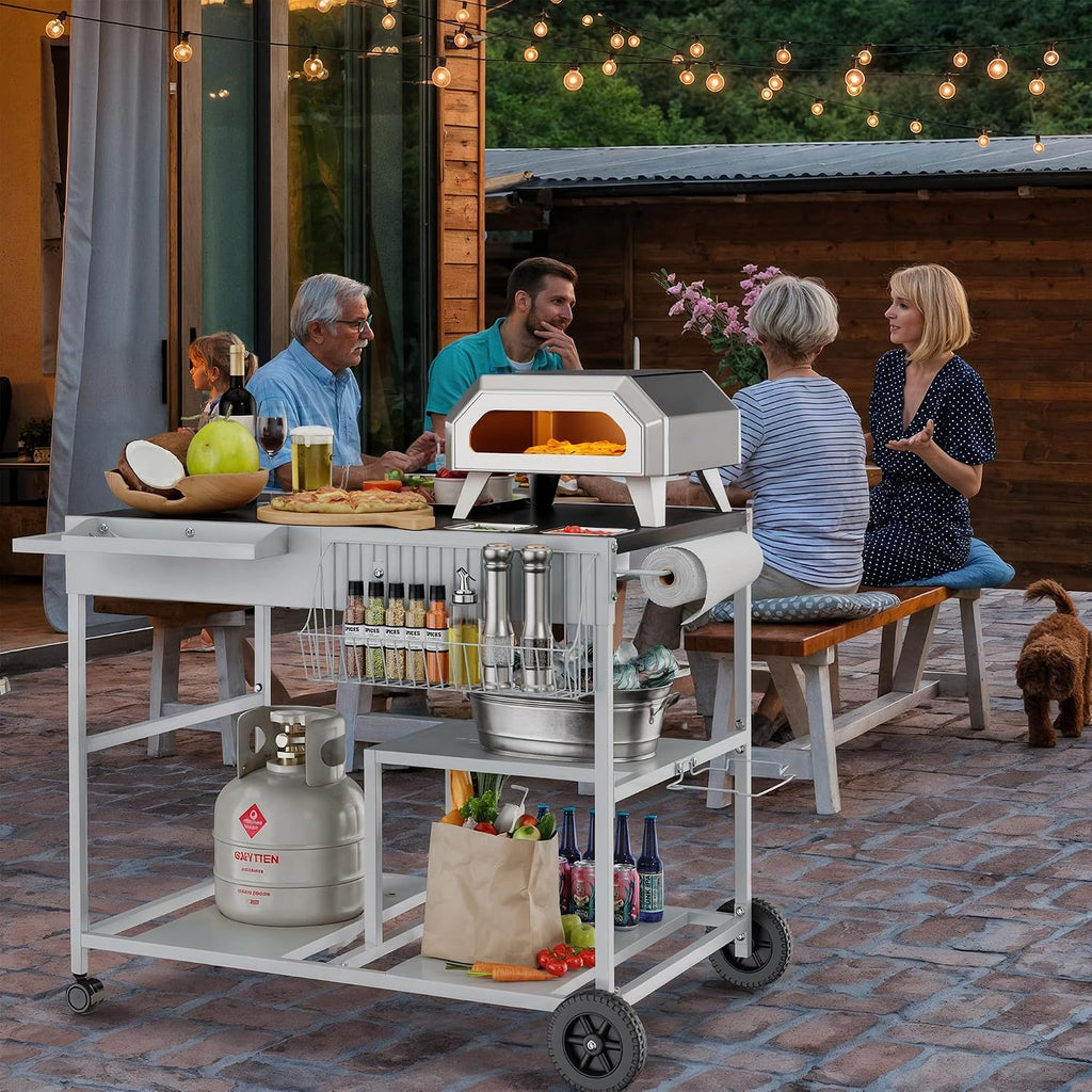 Vongrasig Pizza Oven Cart with Topping Station, Outdoor Grill Table Kitchen Island with Storage for Ninja Woodfire Blackstone Griddle Cuisinart etc Grill, Silver