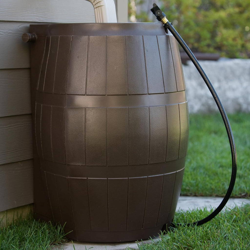 FCMP Outdoor Raincatcher 4000 Rain Barrel, Flat-Back Rainwater Catcher with Spigots, 50 Gallon, Brown - Portable Water Storage Container Tank for Home, Garden, and Backyard