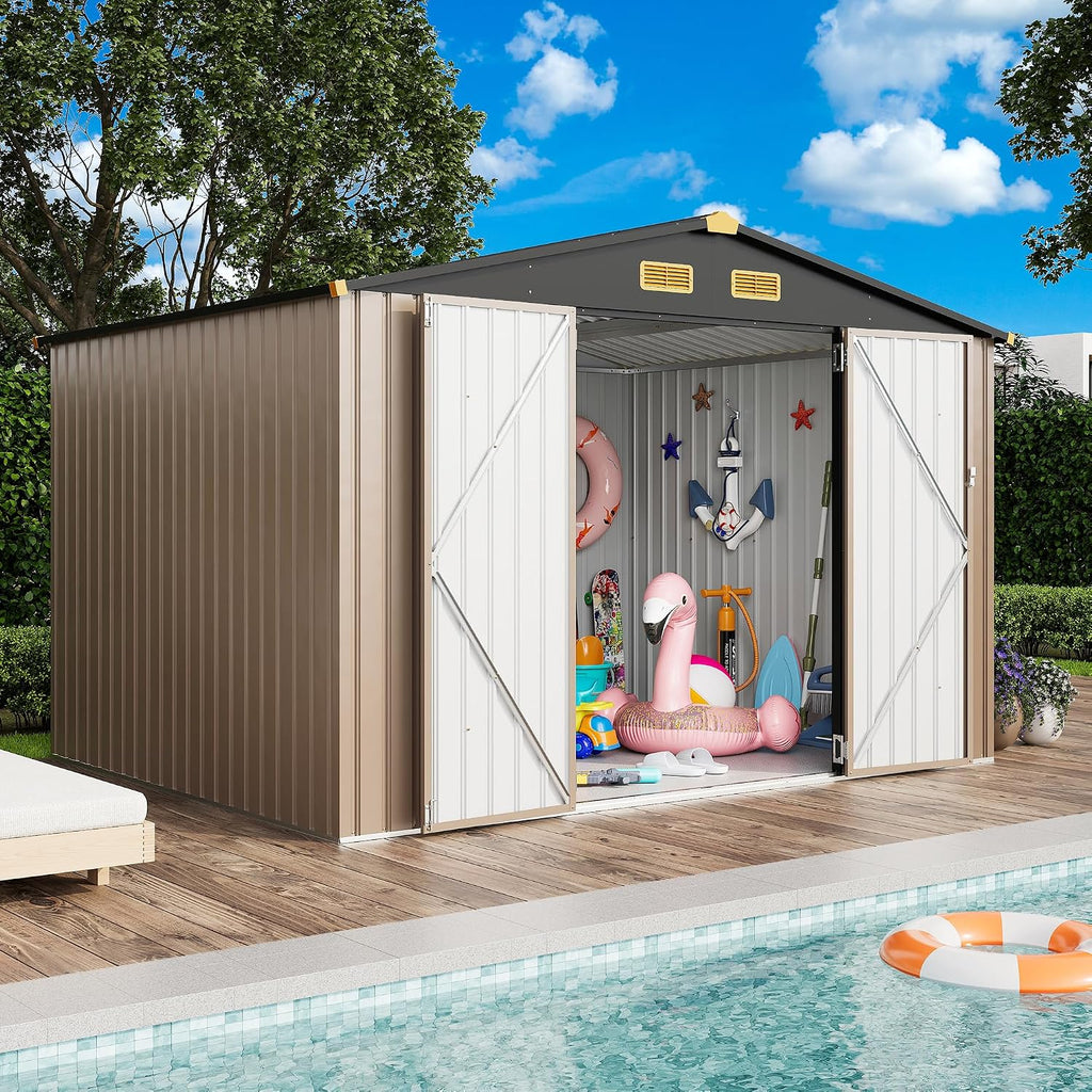 IRONCK 10x8FT Outdoor Storage Shed with Breathable Vent, 9.4x7.3FT Base Galvanized Steel Metal Tool Shed with Lockable Doors for Yard Bins/Generator/Wheelbarrow Garden Storage, Brown