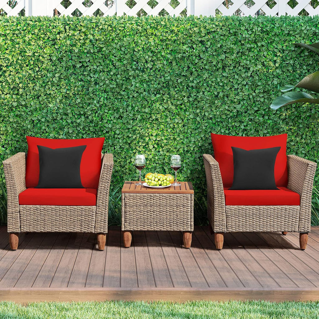 Tangkula 3 Piece Patio Furniture Set, Outdoor Wicker Rattan Bistro Sofa Set w/Washable Cushion, Acacia Wood Top Coffee Table, Conversation Set w/Adjustable Feet for Balcony Backyard Porch (Red)