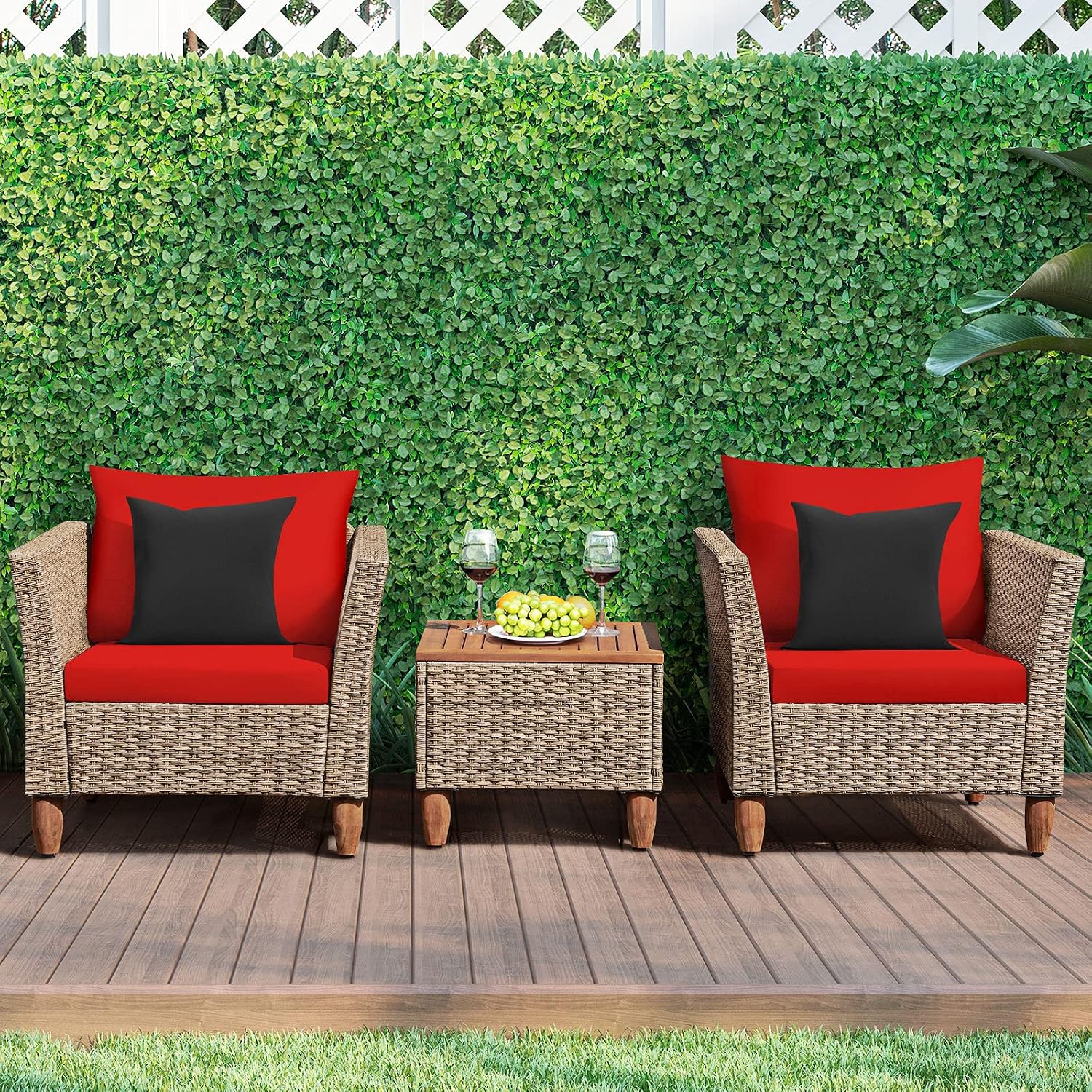 Tangkula 3 Piece Patio Furniture Set, Outdoor Wicker Rattan Bistro Sofa Set w/Washable Cushion, Acacia Wood Top Coffee Table, Conversation Set w/Adjustable Feet for Balcony Backyard Porch (Red)