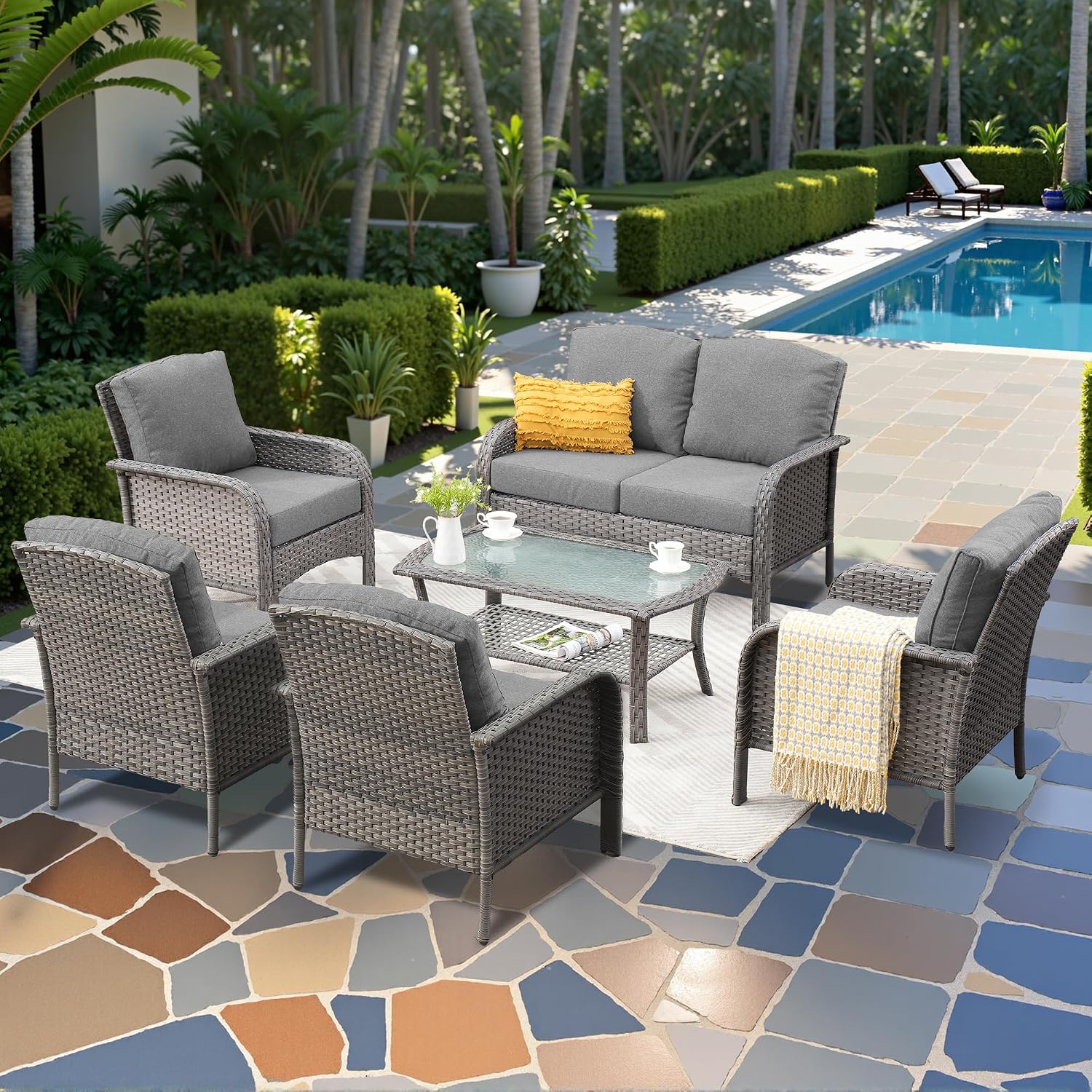 CAODOC 6-Piece Wicker Patio Furniture Set, All-Weather Rattan Conversation Bistro Loveseat Chair and Table Set for Backyard, Balcony and Deck with Soft Cushions and Metal Table(Dark Gray)