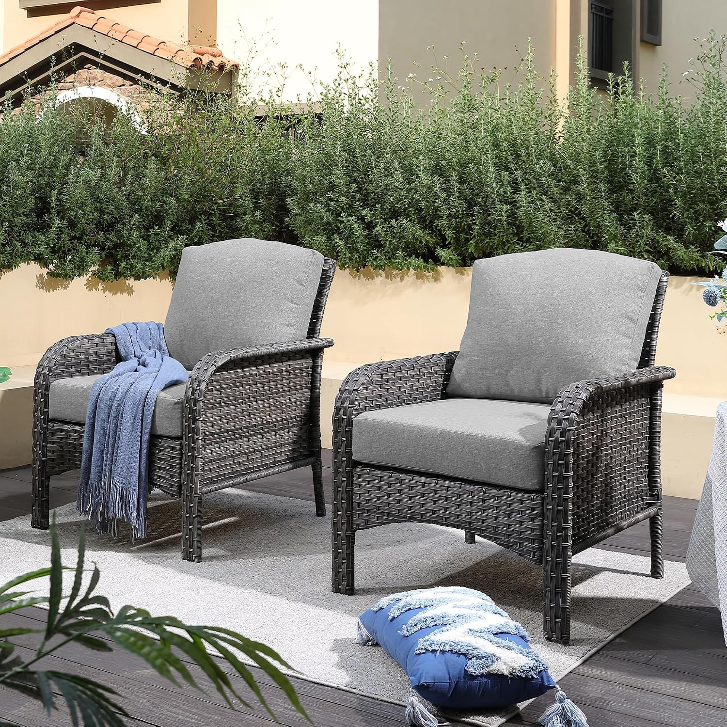 CAODOC 2 Pack Wicker Patio Furniture Chairs,Outdoor Rattan Chairs with Armrest Support 250 lb,Dark Gray
