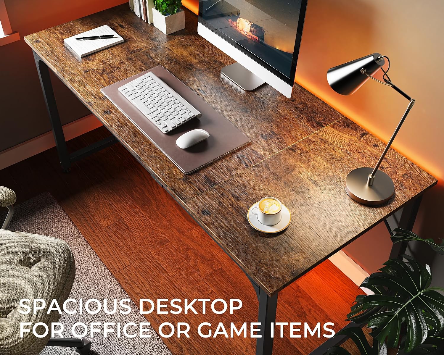 Huuger Computer Desk, 63 Inch Office Desk, Gaming Desk with Storage, Writing Desk Work Desk for Home Office, Study, Modern Simple Desk, Large Legroom, Metal Frame, Rustic Brown
