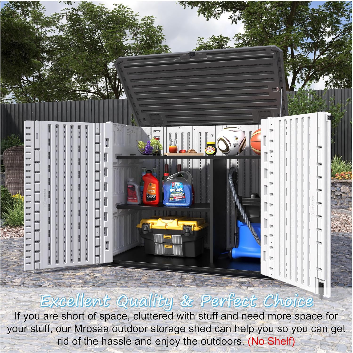 Mrosaa Horizontal Outdoor Storage Shed, 34 Cu.ft Outdoor Storage Cabinet Waterproof for Garden/Backyard/Home/Pool, Lockable (Off White)