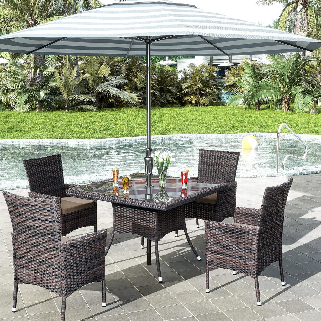 15 Pieces Outdoor Patio Dining Set,Patio Table and Chairs Rattan Outdoor Patio Furniture Set with Umbrella Hole,Dining Table Set for 12 with Chairs for Backyard,Garden and Kitchen,Brown