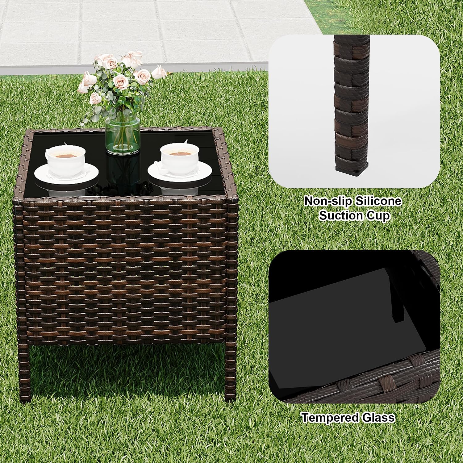 3 Piece Patio Furniture Set, Outdoor Patio Wicker Sofa Set with Upholstery and Glass Storage Coffee Table, All Weather Conversation Rattan Set for Garden, Porch, Lawn, Pool, Brown