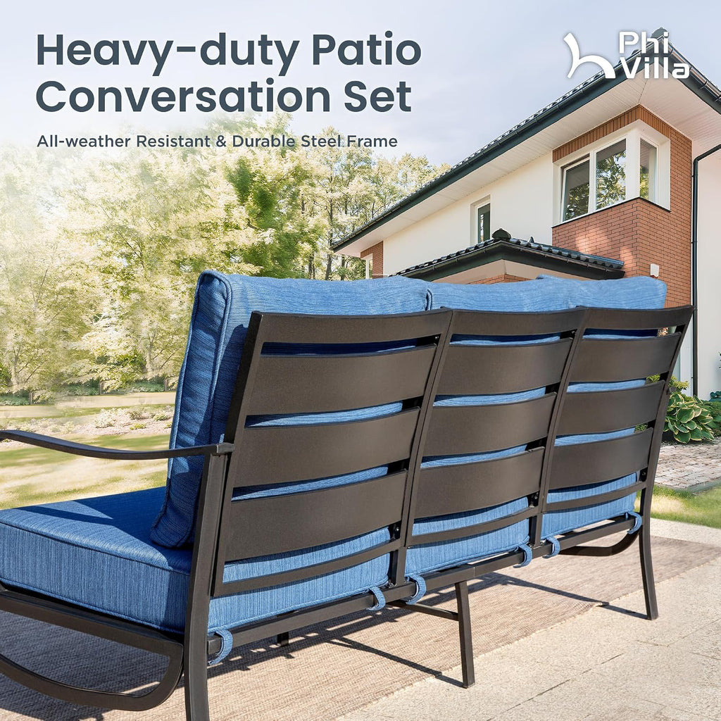 PHI VILLA 6 Piece Patio Furniture Sets with 1 x 3-Seat Wide Deep Seating Bench, 2 x Swivel Cushioned Sofa Chairs, 2 x Leg Sofa & 1 x Coffee Table, Outdoor Furniture Set for 7 Person, Peacock Blue