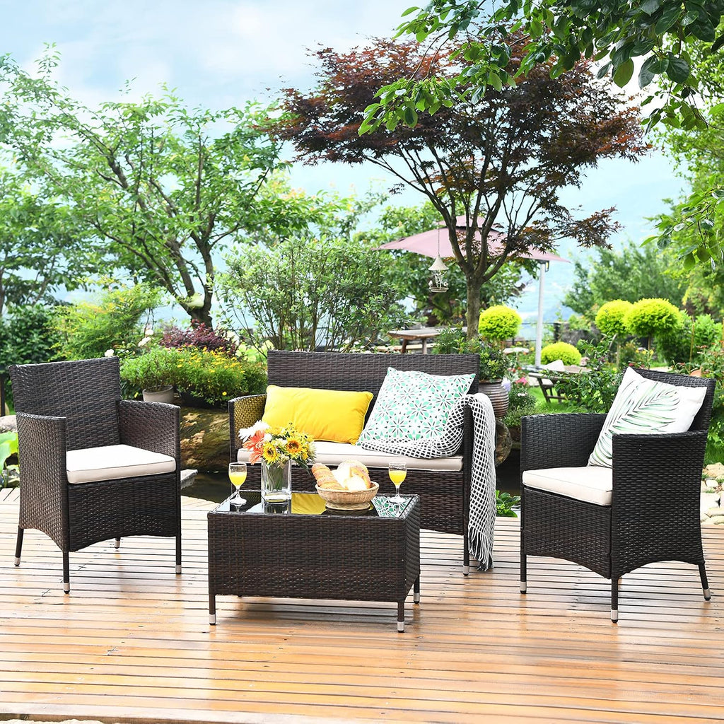 COSTWAY 8PCS Rattan Patio Furniture Set, Outdoor Wicker Rattan Chairs with Coffee Table, Rattan Cushioned Conversation Set for Backyard Balcony Porch Poolside, Brown