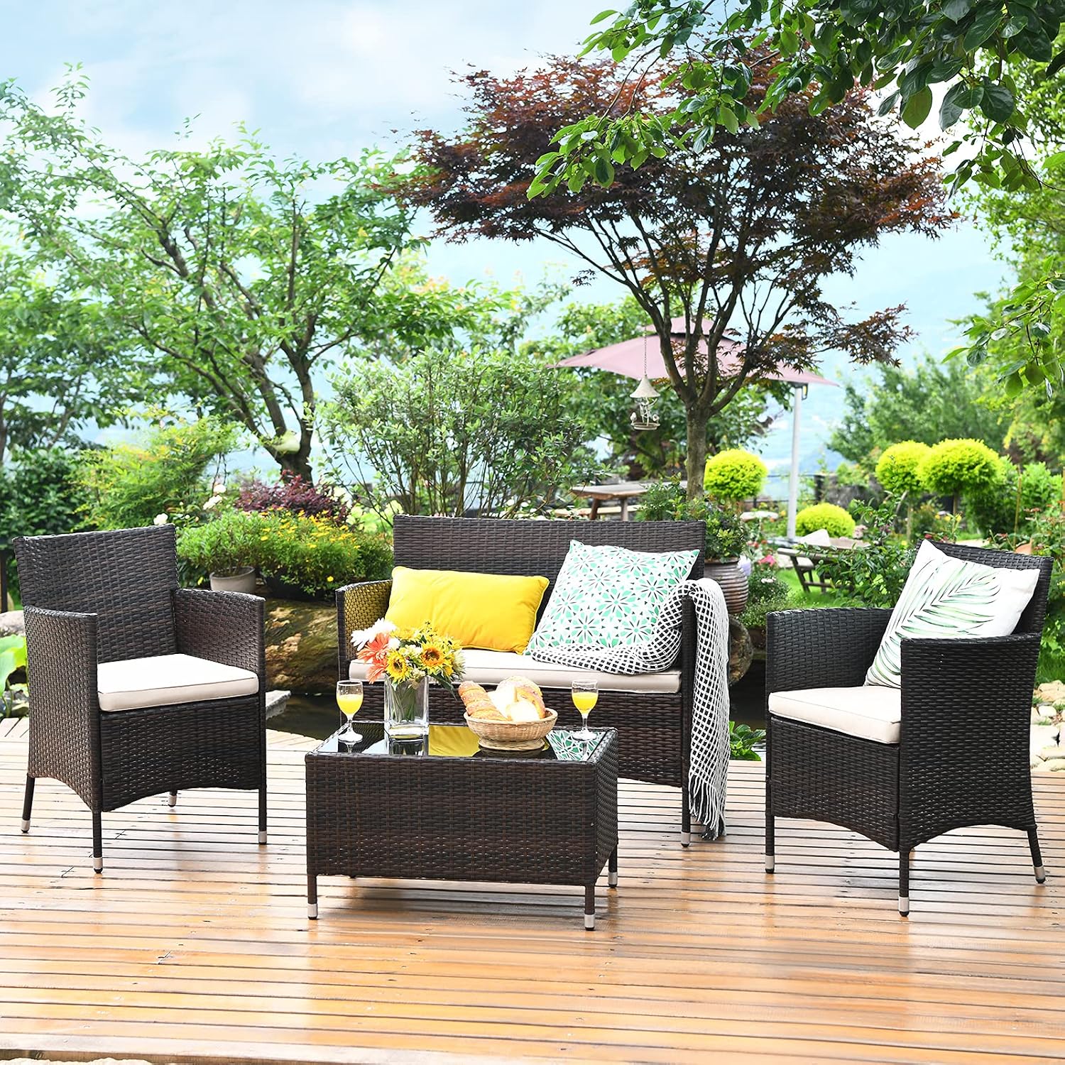 COSTWAY 8PCS Rattan Patio Furniture Set, Outdoor Wicker Rattan Chairs with Coffee Table, Rattan Cushioned Conversation Set for Backyard Balcony Porch Poolside, Brown