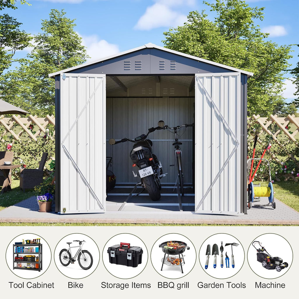 8 * 12 FT Outdoor Storage Shed with Floor Frame Heavy-Duty Metal Sheds & Outdoor Storage with Vents, Sloping Roof and Lockable Doors Waterproof Garden Tool Shed for Backyard Patio Lawn, Grey