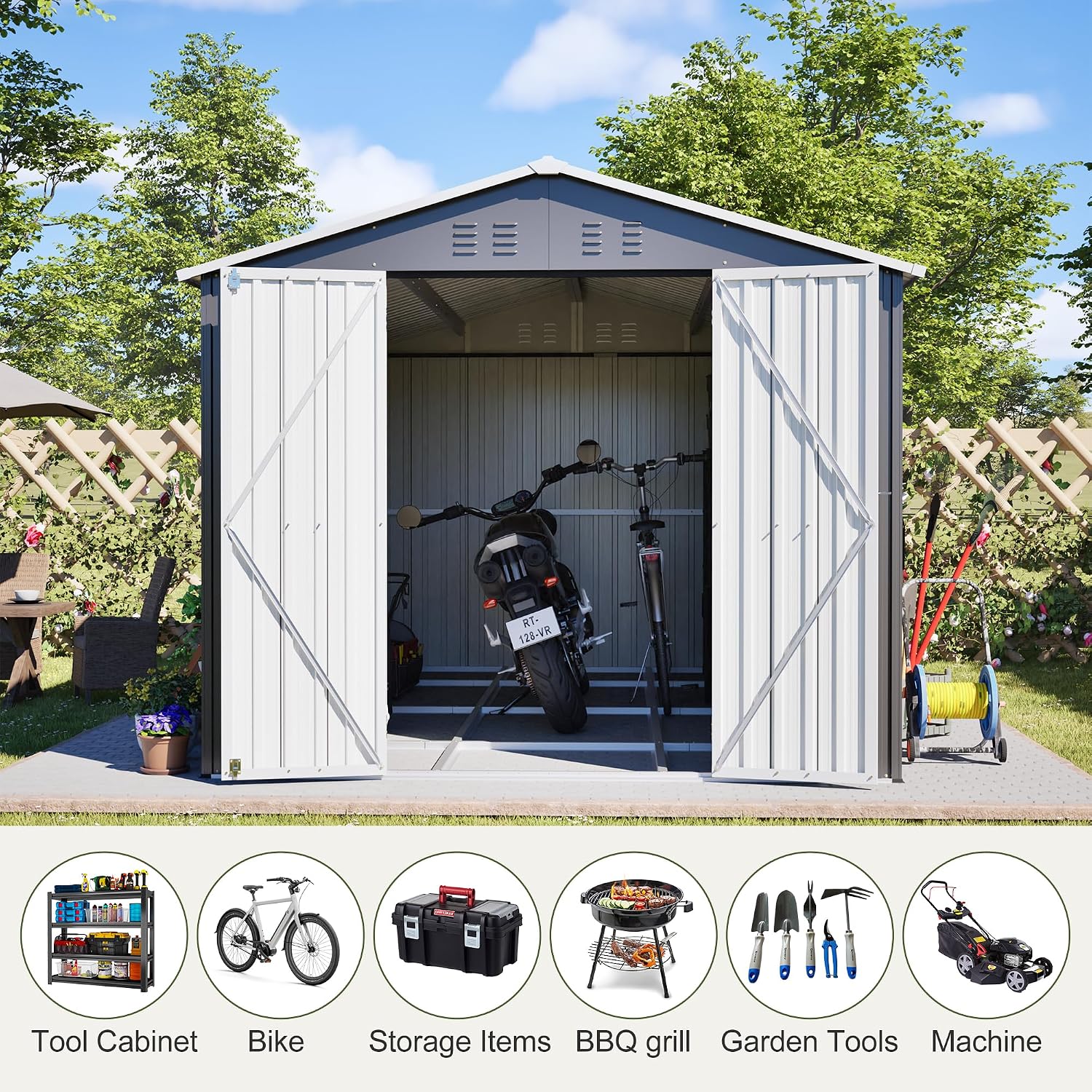 8 * 12 FT Outdoor Storage Shed with Floor Frame Heavy-Duty Metal Sheds & Outdoor Storage with Vents, Sloping Roof and Lockable Doors Waterproof Garden Tool Shed for Backyard Patio Lawn, Grey
